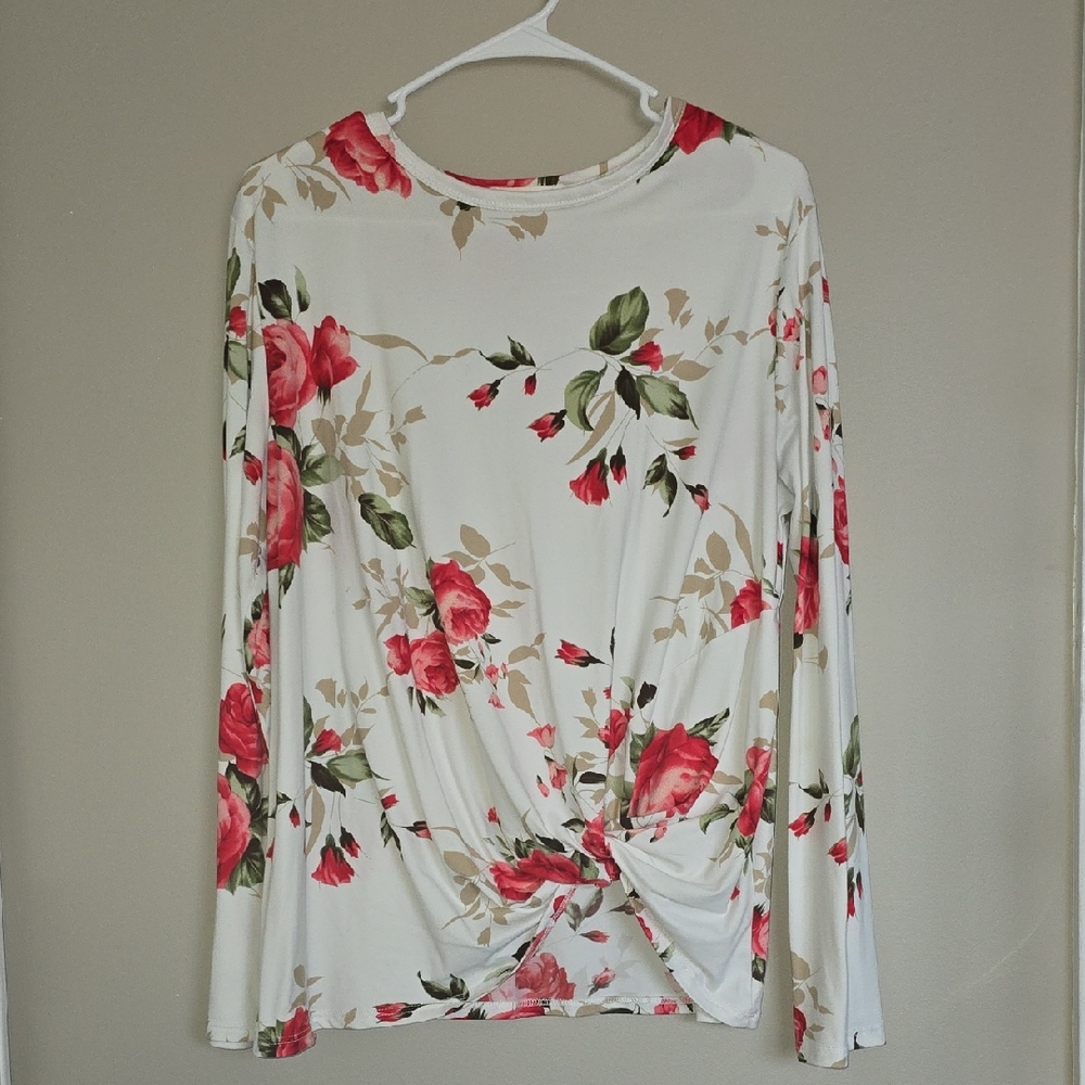 Rose Print Long Sleeve Top - White and Red